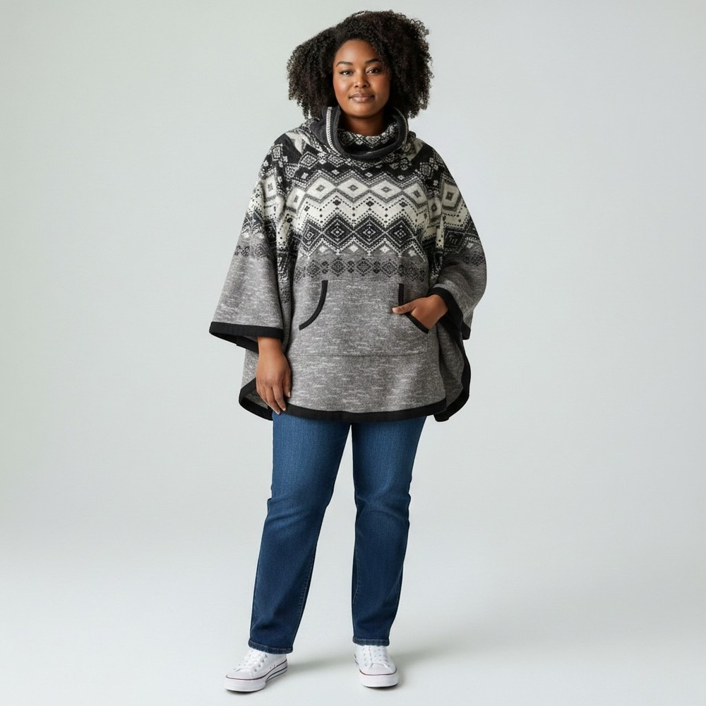 Cuddl Duds XXL Grey Fair Isle Fleece Cowl Neck Poncho Kangaroo Pocket Wrap